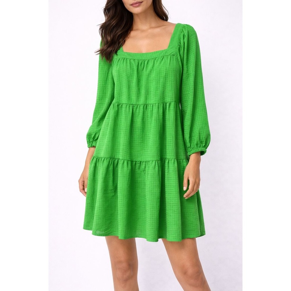 Who What Wear Green Gingham Tiered Square Neck Long Sleeve Dress